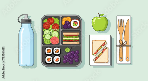 Healthy packed lunch bento box with fresh food, water bottle, apple, and cutlery. Balanced meal prep for school or office.