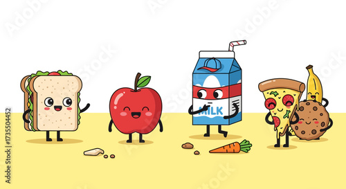 Cartoon food characters standing on a yellow surface with scattered crumbs and vegetables.