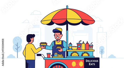 Urban street food vendor serving fast food like burgers and tacos from a colorful cart to a customer. City scene, quick meal, flat vector illustrat...