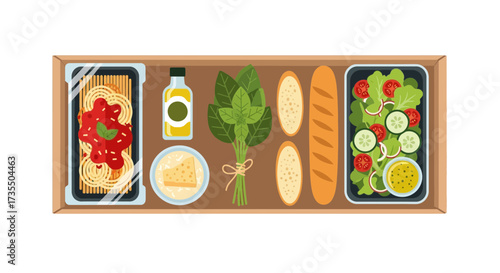 Assorted food items on a wooden tray including sandwiches and salad.
