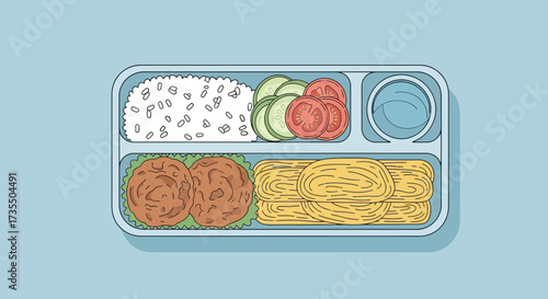 A cartoon illustration of a meal tray with various food items.