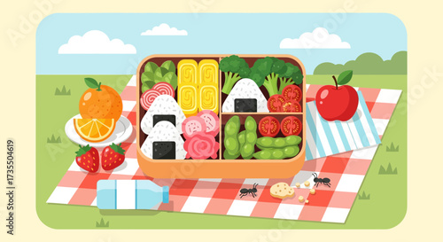 Vibrant picnic scene with lunchbox and assorted fruits and vegetables.