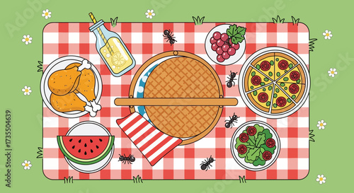 Picnic on a checkered blanket with food and drinks.