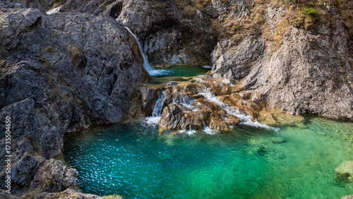 Stuiben Falls near Reutte in Tyrol, Austria – turquoise mountain pools and cascading waterfalls in a rocky gorge surrounded by forest
