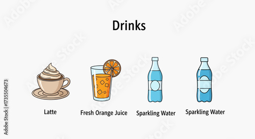 Assorted Beverages Including Coffee and Refreshing Drinks.