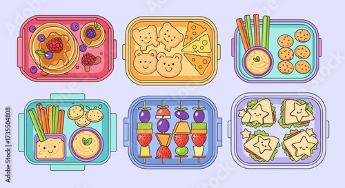 Assorted Healthy Lunchbox Meals with Fruits and Sandwiches.