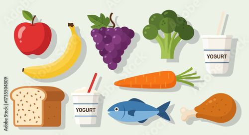 Assorted healthy food items including fruits, vegetables, dairy, bread, and protein sources.