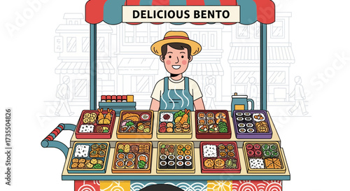 Cartoon bento food vendor with various Japanese dishes on display.
