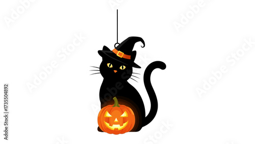Enchanting Halloween Cat: A captivating image features a sleek black cat adorned with a witch's hat, gazing serenely at a glowing pumpkin, creating a spellbinding Halloween tableau.