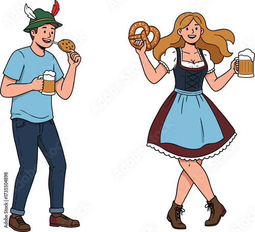 Man in Bavarian hat eating cookie, drinking beer, woman in dirndl holding pretzel and beer, Oktoberfest celebration, traditional German illustration