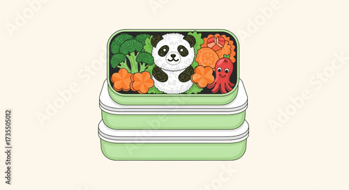 Stacked lunch boxes with cartoon panda and vegetables on the lid.