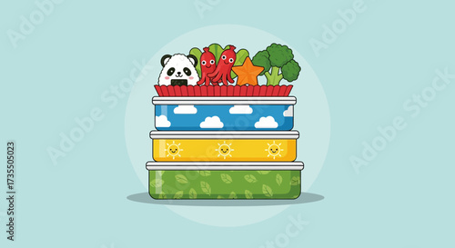 Colorful stack of lunch boxes with healthy food and panda.