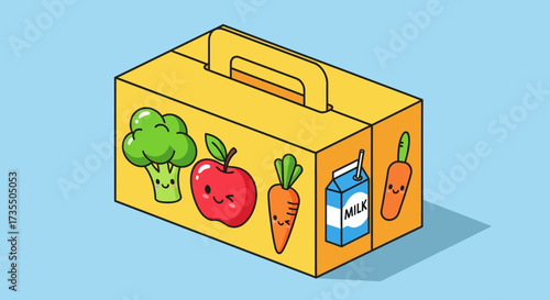Isometric Yellow Lunchbox with Cute Healthy Food Cartoon Graphics. Kawaii Meal Box for Kids with Broccoli, Apple, Carrots, Milk
