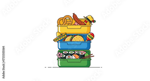 International Lunchbox Stack: German, Mexican, and Japanese Cuisine Illustration