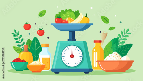 Healthy Food Ingredients on Kitchen Scale with Fresh Fruits and Vegetables. Nutrition, Cooking, and Wellness Concept Illustration.