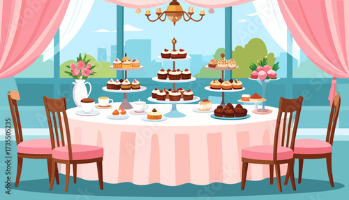 Elegant Dessert Table for Afternoon Tea Party with Sweet Pastries and Cupcakes Illustration