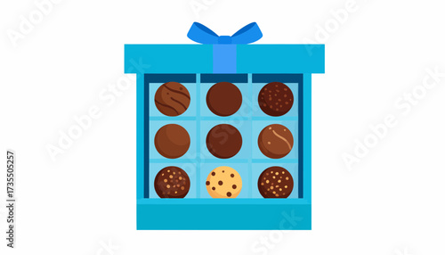 Open blue gift box with assorted chocolate truffles and one unique chocolate chip cookie, flat illustration