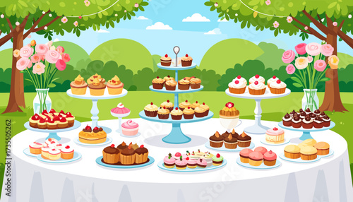 Colorful outdoor dessert table with cupcakes, cakes, and sweet treats in a festive garden party setting illustration.