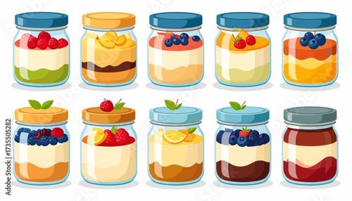 Assortment of vibrant layered desserts in glass jars, featuring fresh fruits and creamy layers. Sweet parfaits illustration.
