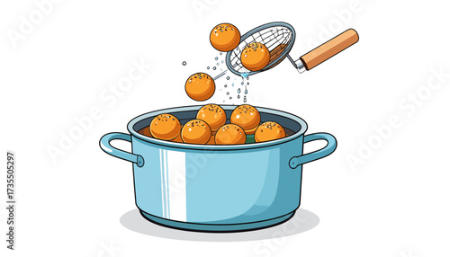 Illustration of cooking round orange food in a pot, lifted with a slotted spoon, food preparation process