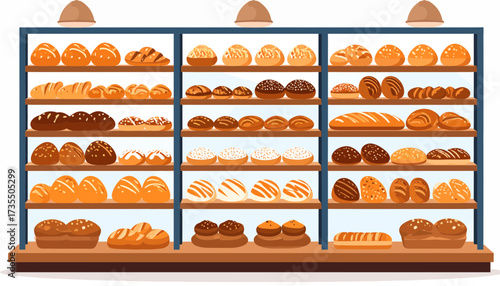 Freshly baked bread and pastries on bakery display shelves. Assortment of loaves, rolls, and sweet treats in a store interior.