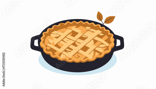 Homemade Lattice Pie in Baking Dish with Autumn Leaves Illustration. Delicious Baked Dessert for Fall Holidays and Thanksgiving.