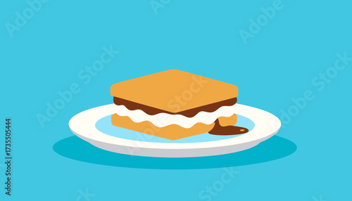 Classic S'more Dessert with Melted Marshmallow and Chocolate on a Plate Flat Vector Illustration