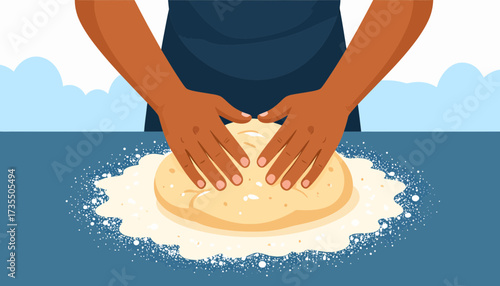 Hands kneading dough on a floured blue surface. Baking, cooking, bread making, pastry preparation, homemade food kitchen activity illustration.