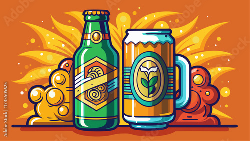 Very beautiful refreshing beer bottle and can beverage, drink alcohol refreshment, beverage vector illustration highlighting golden tones, chilled design, vibrant style, foamy texture, and artistic 