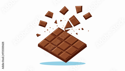 Delicious chocolate bar breaking into flying pieces and crumbs, sweet treat concept illustration