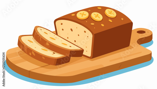 Sweet Banana Bread Loaf with Slices on Wooden Cutting Board. Delicious Baked Dessert Illustration.