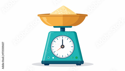 Kitchen scale with dry ingredients in bowl. Food weighing tool for cooking and baking. Flat vector illustration on white.