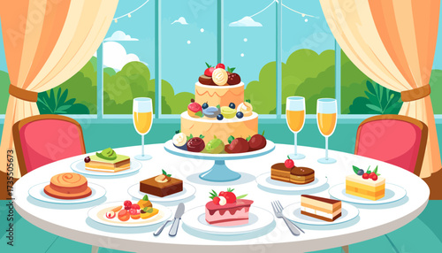 Grand Dessert Table with Tiered Fruit Cake, Pastries, and Sweet Treats in an Elegant Restaurant for Celebrations