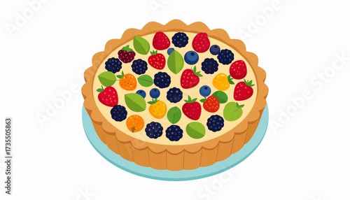 Vibrant Cartoon Fruit Tart with Cream and Mixed Berries on a Plate Illustration