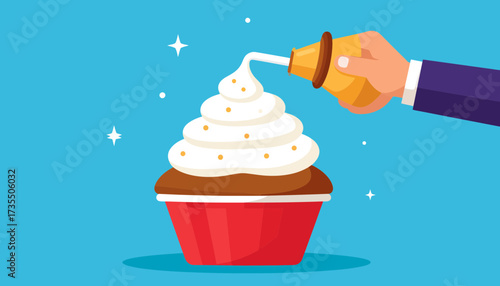Hand Decorating Cupcake with Whipped Cream and Sprinkles. Sweet Dessert Preparation. Flat Vector Illustration.