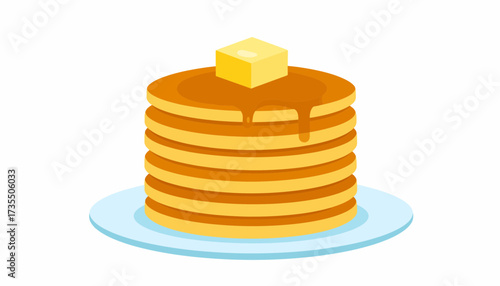 Delicious stack of golden pancakes with butter and syrup on a plate, breakfast food vector illustration