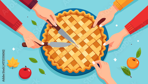 Hands cutting and sharing a homemade apple pie, top view. Family gathering, autumn harvest celebration, festive dessert concept.