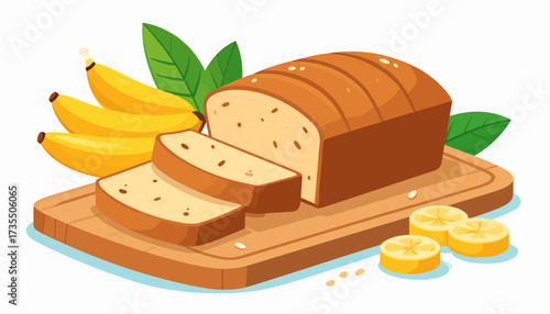 Freshly Baked Banana Bread Loaf with Slices and Ripe Bananas on Wooden Cutting Board Illustration