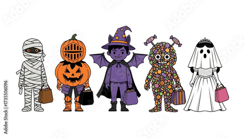 Enchanting Halloween Parade: A whimsical illustration showcases five creatively costumed figures ready for trick-or-treating, capturing the magic of Halloween night.