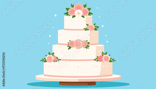 Elegant Tiered Wedding Cake with Pink Roses. Festive celebration dessert illustration on blue background.