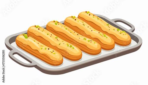 Five éclairs with pistachio topping on a grey serving tray. Sweet French pastries illustration for dessert menus.