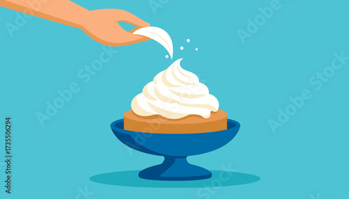 Hand garnishing whipped cream dessert with white flake in blue bowl. Sweet treat decoration, flat vector illustration on blue background.