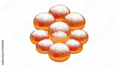 Stack of Powdered Sugar Donuts Illustration. Sweet Fried Pastries Dusted with Icing Sugar. Delicious Doughnuts for Dessert.