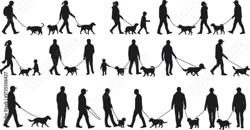 Silhouette people walking dogs on leash, family pet lifestyle design, outdoor activity vector, dog walking clipart, animal care illustration graphic.