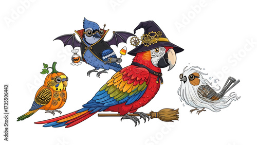 Whimsical Avian Assemblage: A charming illustration of a parrot and three other birds adorned in Halloween costumes, creating a fantastical tableau perfect for festive designs and decorations.