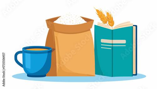 Baking essentials, book, and warm drink illustration. Flour, wheat, and coffee mug for recipes, learning, and cozy home kitchen concepts.