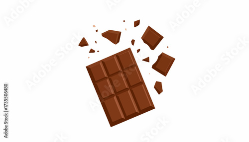 Delicious chocolate bar breaking into pieces, sweet dessert isolated on white background, confectionery graphic