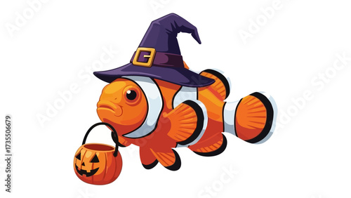 Halloween Clownfish with Pumpkin Basket:  A whimsical, illustrated clownfish dons a witch's hat and carries a pumpkin-shaped basket, embodying the spirit of Halloween in a playful, cartoonish style. 