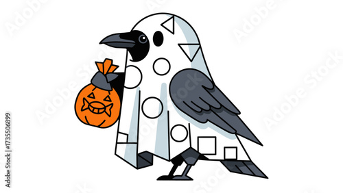 Caw-lebating Halloween: A digitally illustrated raven, adorned in a creative ghost-like costume, clutching a smiling Jack-o'-lantern treat bag.