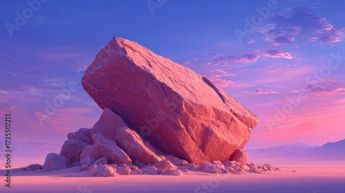 Stunning landscape featu a massive pinkish boulder balancing on smaller rocks under a vibrant colorful sky du sunset or sunrise